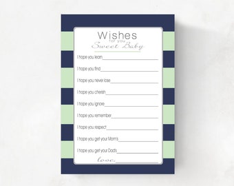 Baby Well Wishes cards, preppy mint and navy blue stripes, INSTANT DOWNLOAD, baby shower idea, rugby striped, printable wishes for baby boy