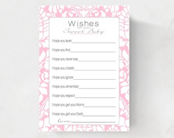 Baby Shower Well Wishes, Baby Girl Wish cards, pink damask, INSTANT DOWNLOAD, printable file, print your own , baby shower idea