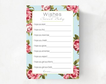 Wishes for Baby girl cards, blue with pink roses, printable  INSTANT DOWNLOAD diy digital file, print your own, babyshower, baby shower idea