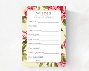 Wishes for Baby Girl Cards, Printable Well Wishes for Baby, Baby Shower Rose theme, pink vintage roses, INSTANT DOWNLOAD, baby keepsake idea