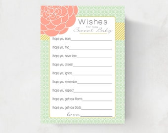 Baby Shower Wishes for Baby girl , mint and coral and gold , INSTANT DOWNLOAD, digital printable, babyshower idea, wishes for baby cards