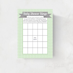 Baby Boy Shower Bingo Game Cards, menta y gris, DESCARGA INSTANTE, diy archivo imprimible digital, imprimir su propia actividad de baby shower niño