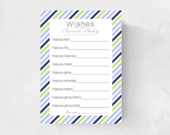 Wishes for Baby boy cards, blue and green stripe, INSTANT DOWNLOAD, diy, digital printable file, print your own , baby shower idea