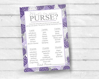 BRIDAL Shower Purse Game Printable Cards , purple hydrangeas,  INSTANT DOWNLOAD , diy digital file , print your own , whats in your purse?