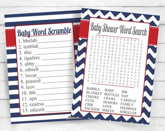 Nautical Red White Blue Baby Shower games / Printable Word Search Cards and Word scramble / boy baby shower activity / INSTANT DOWNLOAD