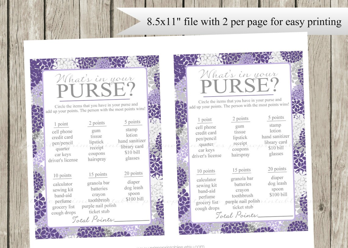 Baby Shower Purse Game Printable Cards , Purple Hydrangeas, INSTANT ...