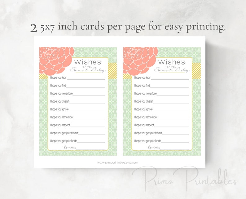 Baby Shower Wishes for Baby girl , mint and coral and gold , INSTANT DOWNLOAD, digital printable, babyshower idea, wishes for baby cards image 2