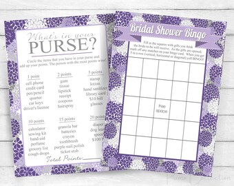 BRIDAL Shower Games / Bingo and Purse Game Cards / purple hydrangeas / INSTANT DOWNLOAD / printable files / What's in your purse? game