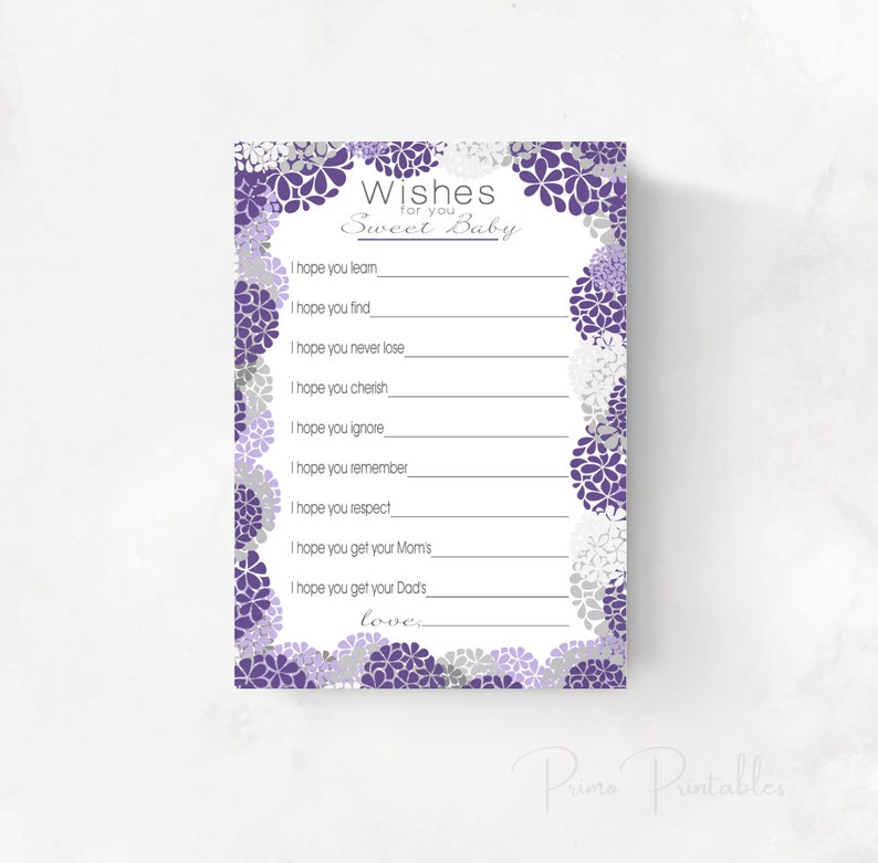 Purple Floral Baby Shower Well Wishes for Baby girl, INSTANT DOWNLOAD, digital printable file, babyshower idea, Wishes for Baby Cards image 1