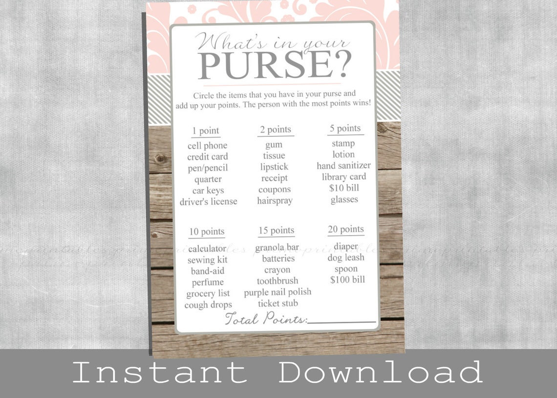 Rustic BRIDAL Shower Purse Game Printable Cards Pink | Etsy