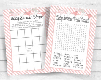 Printable Pink Baby Shower Games package with Bingo and Word Search Cards , INSTANT DIGITAL DOWNLOAD