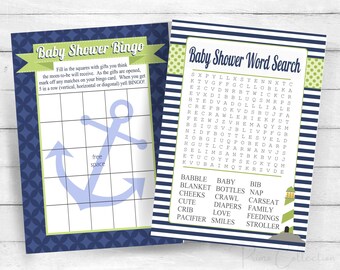 Nautical Baby Shower Games, Bingo and Word Search Cards, navy blue and green, INSTANT DOWNLOAD diy digital printable files , boy baby shower