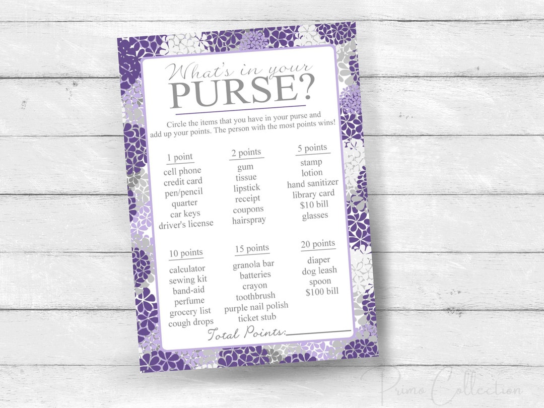 Baby Shower Purse Game Printable Cards , Purple Hydrangeas, INSTANT ...