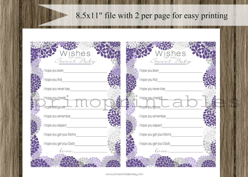 Purple Floral Baby Shower Well Wishes for Baby girl, INSTANT DOWNLOAD, digital printable file, babyshower idea, Wishes for Baby Cards image 4