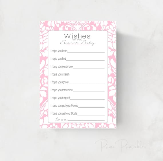Baby Shower Well Wishes, Baby Girl Wish cards, pink damask, INSTANT