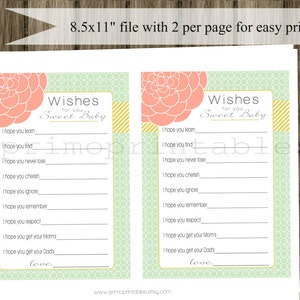 Baby Shower Wishes for Baby girl , mint and coral and gold , INSTANT DOWNLOAD, digital printable, babyshower idea, wishes for baby cards image 4