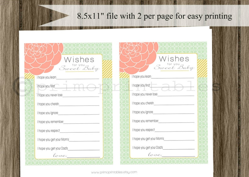 Baby Shower Wishes for Baby girl , mint and coral and gold , INSTANT DOWNLOAD, digital printable, babyshower idea, wishes for baby cards image 4