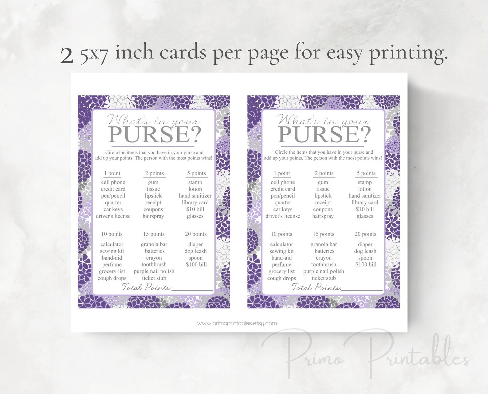 Baby Shower Purse Game Printable Cards , Purple Hydrangeas, INSTANT ...