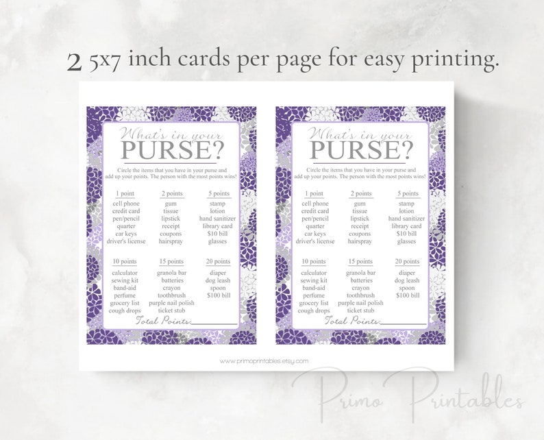 Baby Shower Purse Game Printable Cards , Purple Hydrangeas, INSTANT ...