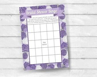 BRIDAL Shower Bingo Game Cards, purple and lavender hydrangeas, printable file INSTANT DOWNLOAD