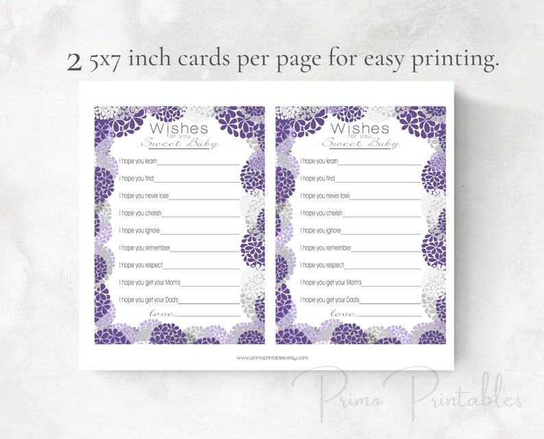Purple Floral Baby Shower Well Wishes for Baby girl, INSTANT DOWNLOAD, digital printable file, babyshower idea, Wishes for Baby Cards image 2