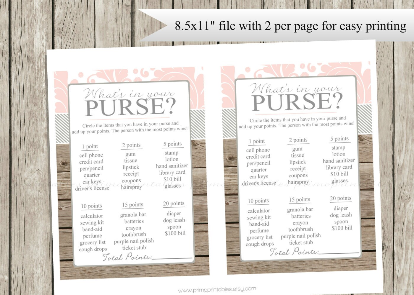 Rustic BRIDAL Shower Purse Game Printable Cards Pink | Etsy