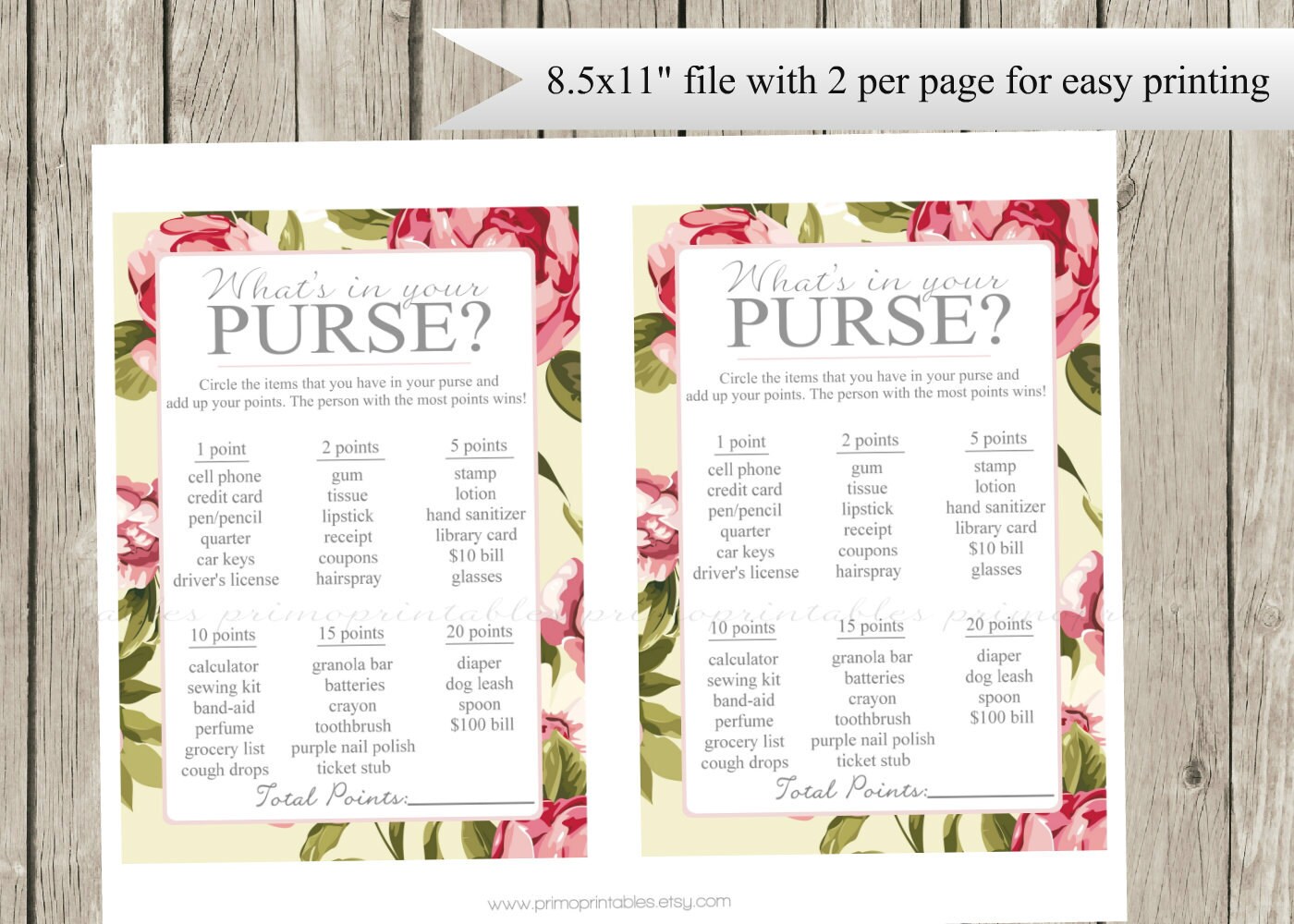 BRIDAL Shower Purse Game Printable Cards INSTANT DOWNLOAD | Etsy