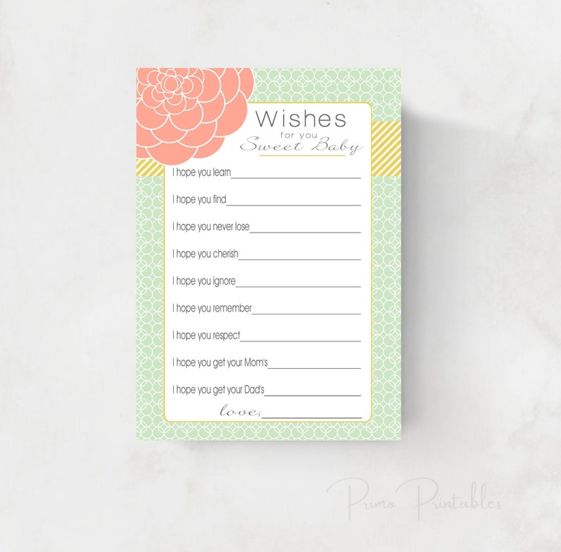 Baby Shower Wishes for Baby girl , mint and coral and gold , INSTANT DOWNLOAD, digital printable, babyshower idea, wishes for baby cards image 1
