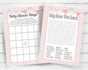 Baby Shower Games Printable Girl, Bingo and Word Search Cards, baby girl  babyshower, baby shower activity idea, baby shower games download