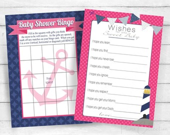 Nautical Girl Baby Shower Games, Bingo, Wishes for Baby  cards / pink and navy blue / INSTANT DOWNLOAD printable file, baby shower idea