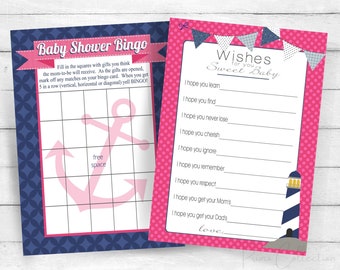 Nautical Girl Baby Shower Games Bingo Wishes for Baby Cards - Etsy