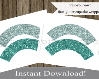 Printable cupcake wrappers faux glitter mermaid party colors teal and aqua INSTANT DOWNLOAD printables DIY wraps