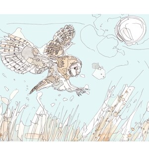 The Hunting Barn Owl and The Moon Giclee Art Print Open Edition Wildlife Animal Art