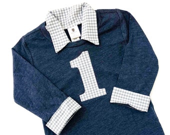 First Birthday Boy Outfit - Boys First Birthday Outfit - First Birthday Shirt - Heathered Navy and Gray