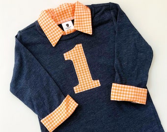 First Birthday Boy Outfit - Boys First Birthday Outfit - Heathered Navy and Orange