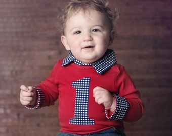 Baby Boy First Birthday Outfit, Preppy Baby Boy Collared Bodysuit, Navy Gingham and Red Long Sleeve Button Down with Collar