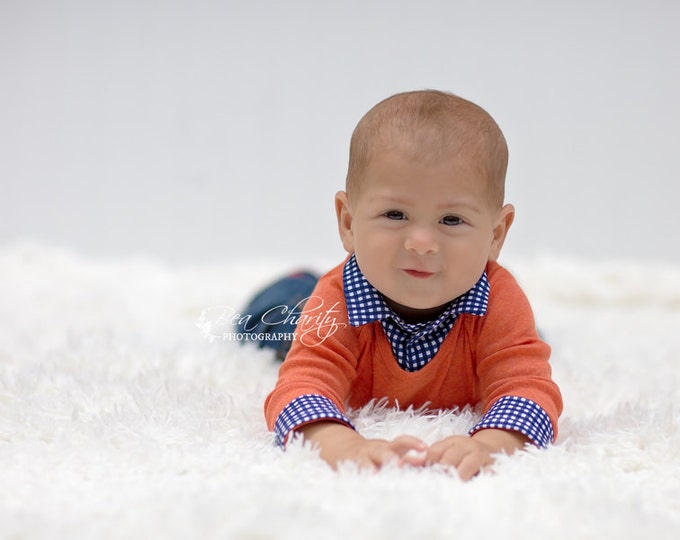 Preppy Baby Boy Collared Onesie, Navy Gingham and Orange Long Sleeve