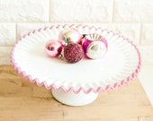Vintage Fenton Apple Blossom Crest Silvercrest Milk Glass Cake Stand Plate, Pink Ruffled Serving Platter