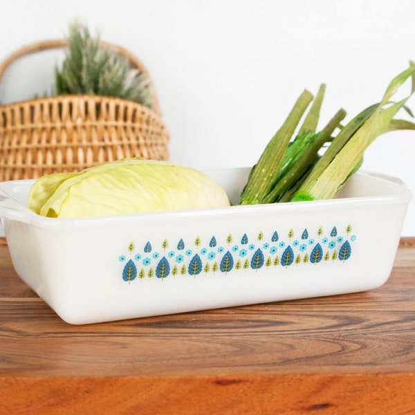 Fire King Swiss Chalet Baking Dish Loaf Pan Rectangular Meatloaf, Leaf Tree Print