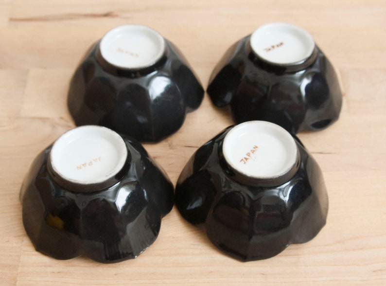 Vintage Japanese Lotus Flower Sauce Bowls Small Black White Side Dish Containers