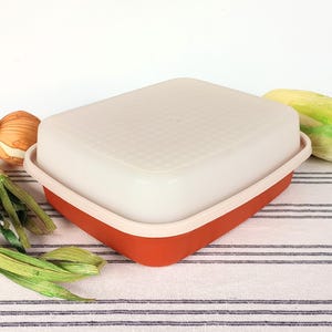 May include: A white rectangular plastic container with a textured lid and a brown rim. The container is sitting on a white and gray striped surface.