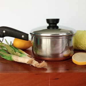 May include: A stainless steel saucepan with a black handle and lid, alongside fresh produce. The vegetables include green onions, a lemon, and a head of cabbage, all arranged on a wooden surface. The pot is approximately 6 inches in diameter.