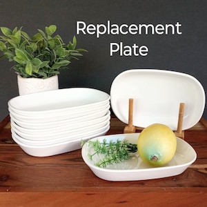 May include: A stack of white oval-shaped replacement plates. The plates are stacked on a wooden surface. The text "Replacement Plate" is written in black on a white background.