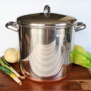 May include: A large, shiny stainless steel stockpot with a lid and side handles. The pot sits on a wooden tray with a copper-colored base. Fresh vegetables, including leeks, cabbage, and a turnip, are arranged around the pot.