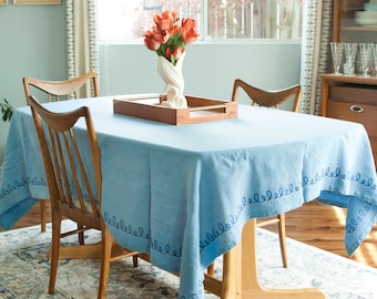 Embroidered Linen Tablecloth, Rectangular Scroll Pattern Table Cloth, Blue