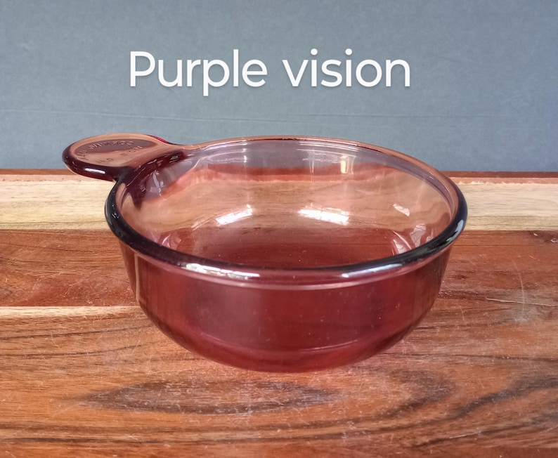 Pode incluir: Uma tigela de vidro transparente tingida de roxo com uma al&ccedil;a. A tigela tem formato arredondado e uma borda roxa escura. O texto "Purple vision" est&aacute; acima da tigela. A tigela est&aacute; sobre uma superf&iacute;cie de madeira.