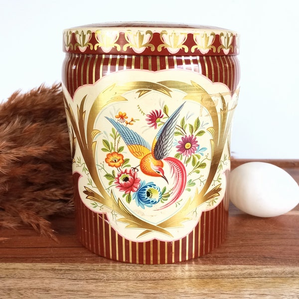 Vintage Tea Tin, Bird Flower Print Biscuit Jar Storage Container Striped