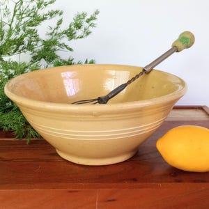 McCoy White Banded Stripe Mixing Bowl, Antique Yellowware Stoneware, Kitchen Cottage