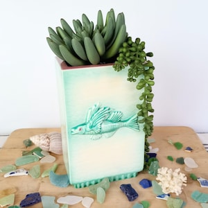May include: A rectangular, light green ceramic planter with a turquoise fish design. The planter is filled with green succulents and a trailing vine. Seashells and sea glass surround the planter on a wooden surface.