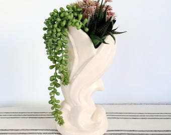Vase art déco vintage en poterie des États-Unis, jardinière de fleurs ondulées, décoration de cottage Chippy